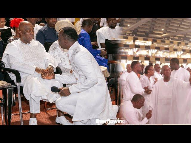 PETER OBI, ENENCHE, REV NTIA, KNEEL TO GREET BISHOP OYEDEPO AT DEBORAH ENENCHE WHITE WEDDING