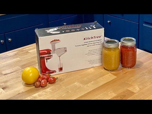 Using Kitchtree Fruit and Vegetable Strainer Kitchen-aid Attachment with Yellow and Red Tomato Sauce