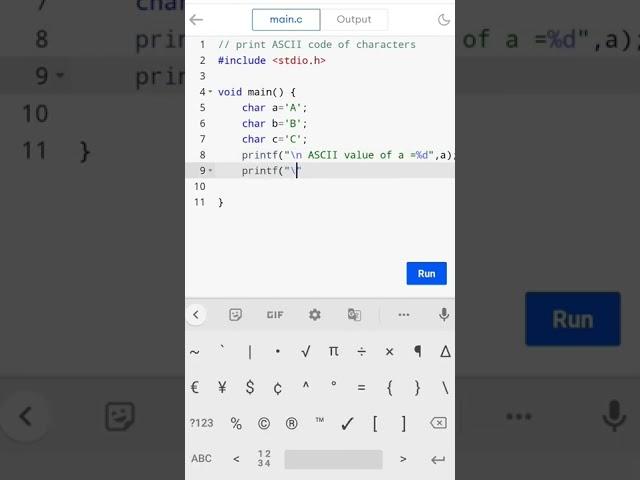 print ASCII code of characters #c programming #shorts # coding guru 