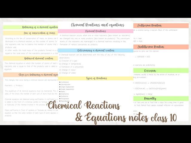 Chemical Reactions & Equations Notes - PDF  Class 10 | Main points and aesthetic notes 