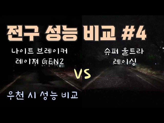 헤드램프 고성능 전구 성능 비교 #4 / 바이오 라이트 슈퍼 울트라 레이싱 VS 오스람 나이트 브레이커 레이져 GEN2, 우천 시 시인성 비교 [자감랩]