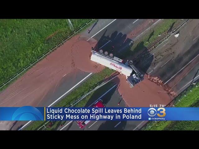 Liquid Chocolate Spill Leaves Behind Stick Mess On Highway In Poland