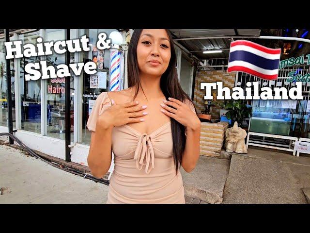 HAIRCUT & Wet Shave by THAI LADY BARBER CHERRY  Pattaya Beach, Thailand  (Unintentional ASMR)