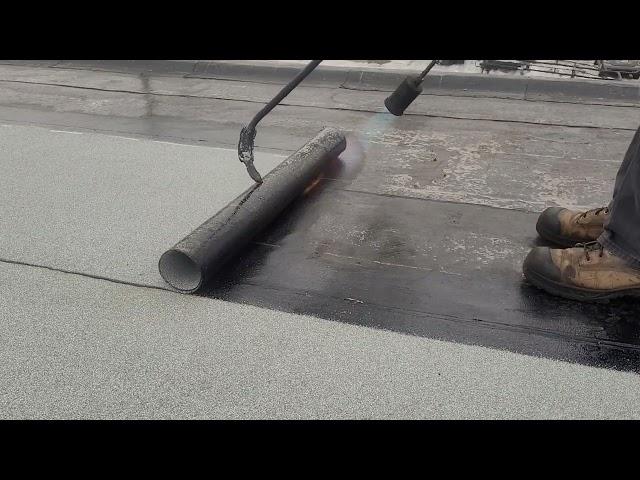 torch on roofing, cap sheet field install for 15 minutes!!!