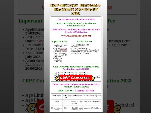 CRPF Constable Technical & Tradesmen Recruitment 2023 | CRPF Constable | #crpf #crpfrecruitment2023