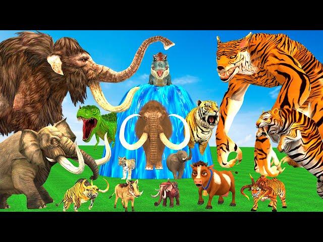 10 Mammoth Elephant Cow vs 10 Giant Tiger Wolf vs Dinosaur Fight Tiger Cub Saved by Woolly Mammoth