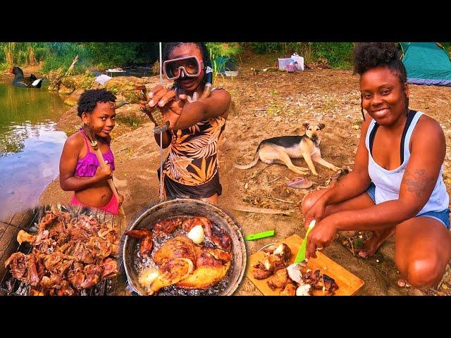 AMAZING COOKING BY THE RIVER, WHOLE FRY CHICKEN AND JERK BIRD