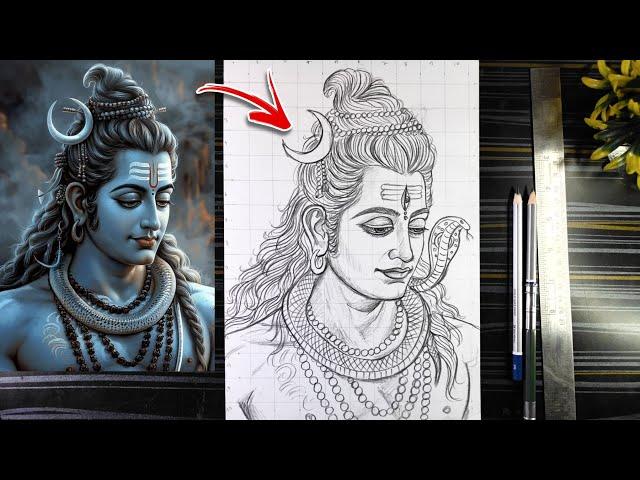 How To Draw Lord Shiva, Mahadev Drawing Pencil, Bholenath Drawing With grid Method, Outline Tutorial