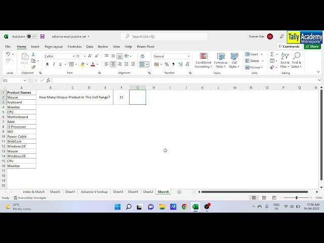 How to find numbers of Unique Product(or names etc.) In Excel 2019