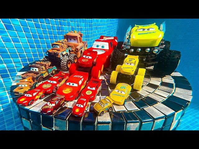 Disney Pixar Cars falling into deep pool, Lightning McQueen, Tow Mater, Mack, Sally, Francesco