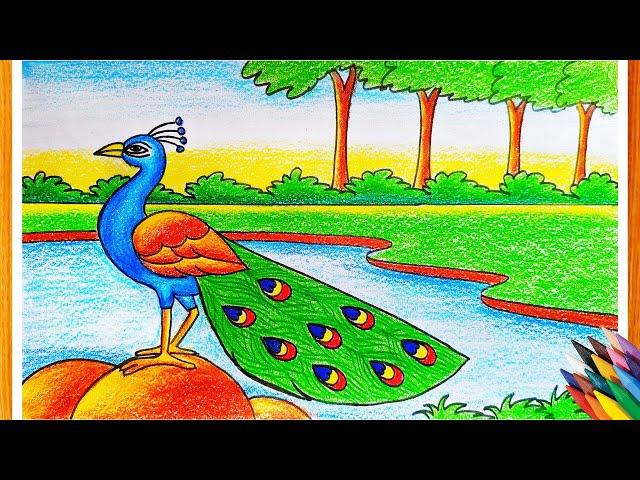 How To Draw A Peacock Scenery|Peacock Drawing|Easy Peacock Scenery Drawing For Kids Step By Step