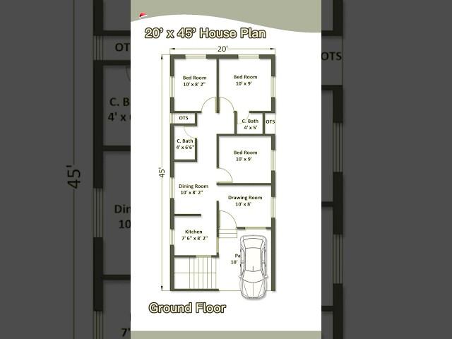 20’× 45’ house plan, 20 by 45 home plan, 20*45 house plan with car parking, 3 Bedrooms