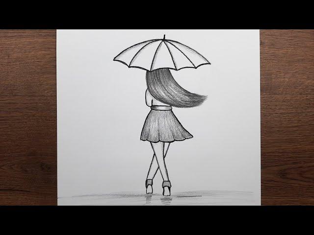 Drawing of girl holding umbrella - How to draw easy girl picture - step by step tutorial