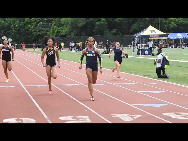 Bullis Senior Mirai Bernard (Lane 4) Runs 11.96 and Wins her Heat in the 100m Prelim.