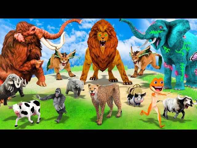 5 Zombie Elephant Cow Buffalo Gorilla vs 3 Giant Lion Cheetah Attack Cow Pig Woolly Elephant vs Lion