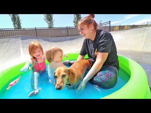 SLiME SWiMMiNG POOL!! with my Pet Dog and Baby Niko and Mom and Barbie Dream Dolls!