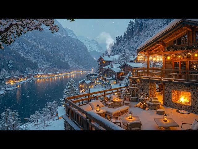 Tranquil Winter Scene ️Cozy Coffee Terrace, Fireplace Glow & Smooth Jazz for Relaxing Winter Nights