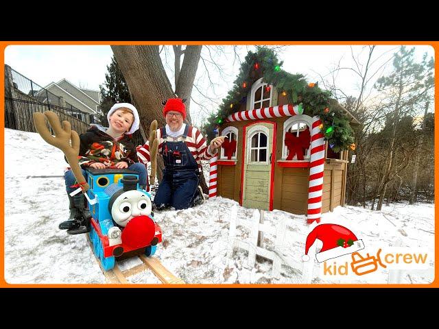 Christmas toy delivery on backyard railroad with kids ride on train. Educational | Kid Crew