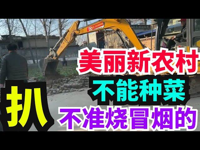 美丽新农村建设，怎么还能种菜呢，全部给我扒掉！社会主义的光辉形象不能让你的菜园子给抹黑了。烧柴禾、烧秸秆、冒烟的都不行，为了面子工程，什么事都干的出来。