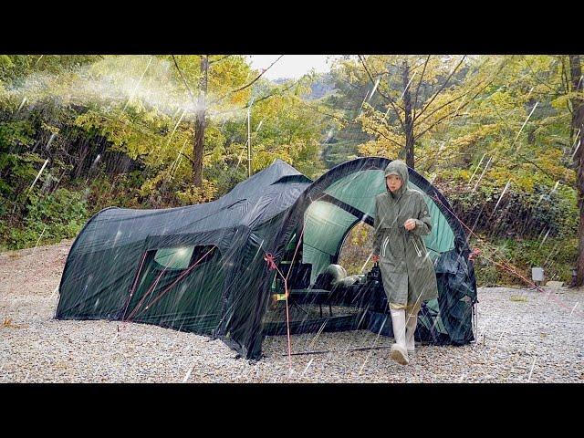 INTERESTING SPACE STATION SHAPED INFLATABLE TENT CAMPING WITH WOODSTOVE IN THE RAIN