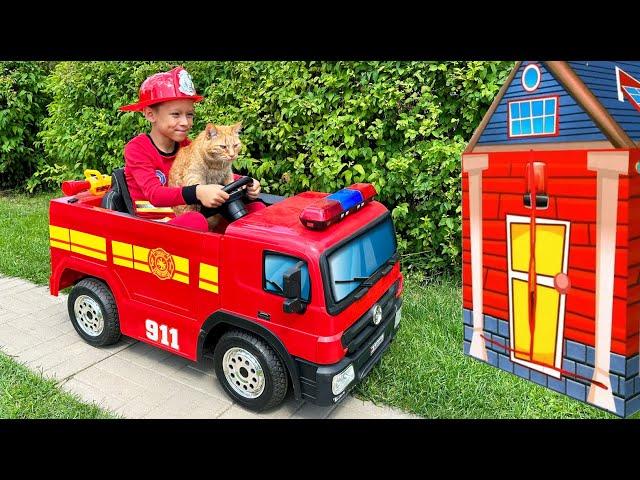 Firefighter Max rides the fire truck and helps the cat.