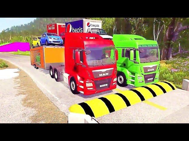 Double Flatbed Trailer Truck Vs Speedbumps Train Vs Cars Beamng.drive In Reverse!  #350