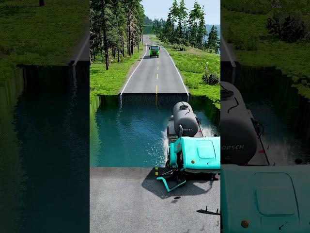 Tanker trucks vs massive water pit #89 | Peak | #monstertruck #carsvsmassivespeedbumpsbeamngdrive
