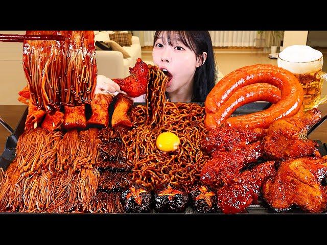 ASMR MUKBANG| Fire Spicy Mushrooms, Black bean Noodles, Kielbasa Sausage, Seasoned Chicken.