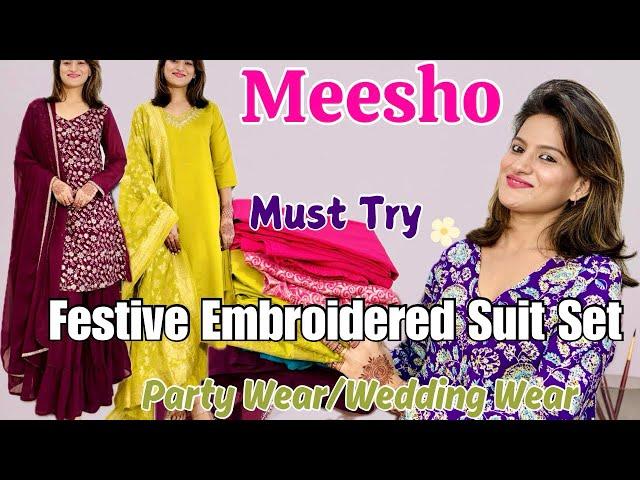 Meesho Festive kurta Pant Dupatta haul l Party wear suit l Embroidered Kurti Set #meesho #diwali