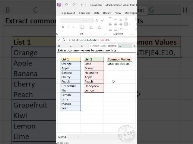 Excel formula to find the Common Values between two Lists