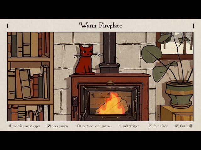 lucky red cat on the warm fireplace  jazz music with crackling sound