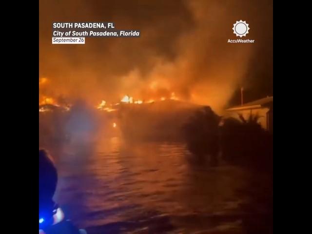 WATCH: Fire Ravages Florida Town Underwater During Helene Flooding