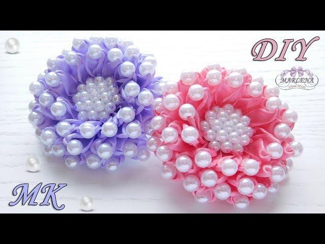 Цветы из узких лент с бусинами/ Flowers of ribbons with beads/ Kanzashi DIY