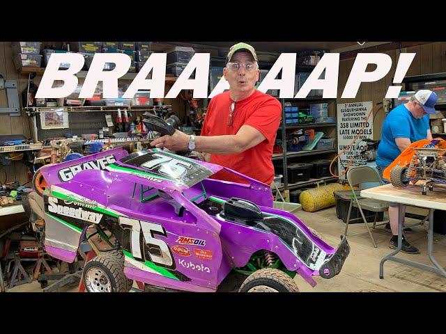 HUGE gas powered RC cars racing on the dirt oval at Dellville Speedway