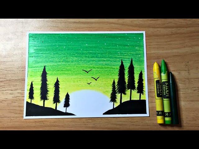 Easy Wax Crayon Drawing / Green scenery