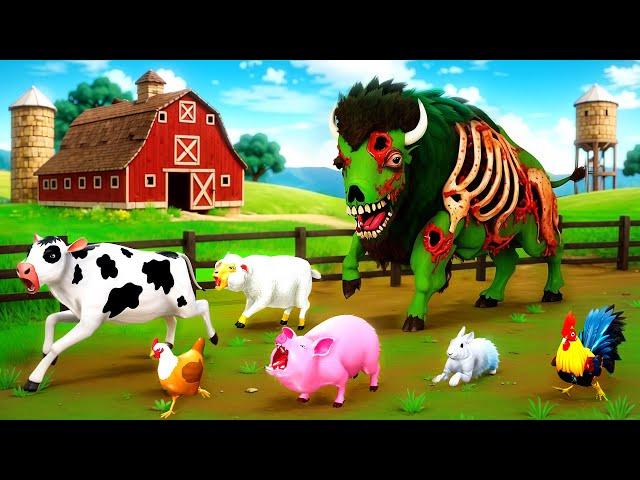 Zombie Bison Attacks Farm Animals - Zombie Farm Diorama | Cow Pig Rabbit Sheep Hen Rooster Animals