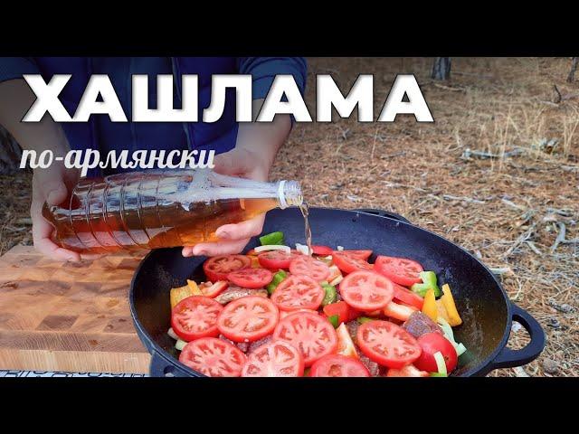 Khashlama in Armenian in a cauldron on a fire. Men's Kitchen.