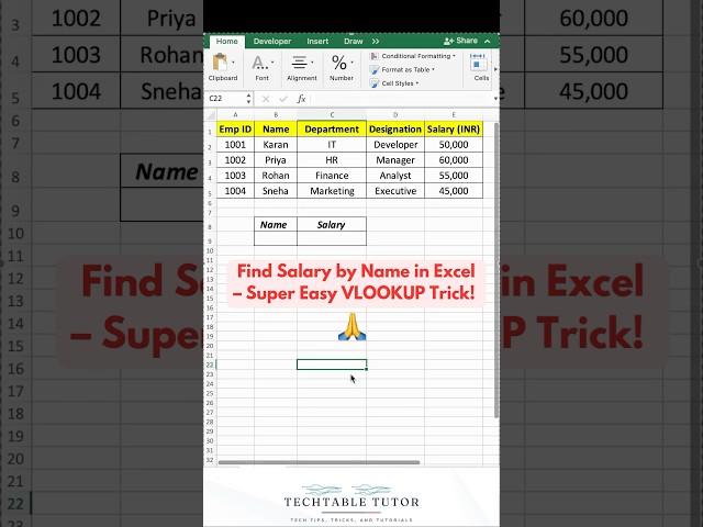 How to Fetch Salary by Name Using VLOOKUP in Excel – Easy Guide  #excel #vlookup