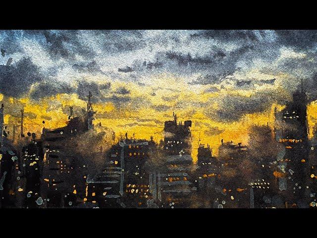 Watercolor Sunset Cityscape Tutorial for Beginners ~ Skyline in Watercolor