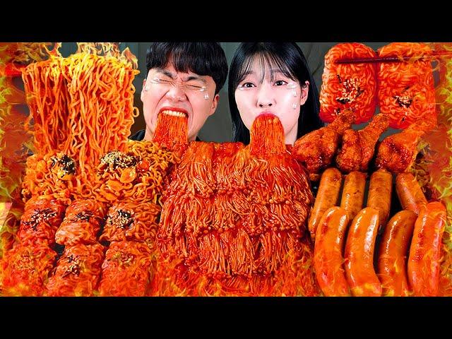 ASMR MUKBANG| Eating with GONGSAM! Fire spicy Mushrooms, Fire noodles wrap, Chicken, Sausage.