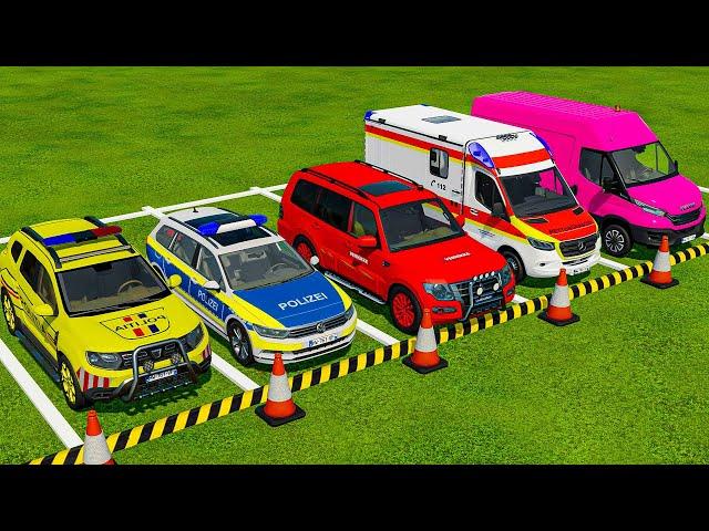 TRANSPORTING POLICE, AMBULANCE, TESLA, CHEVROLET CARS & VOLKSWAGEN POLICE ! Farming Simulator 22