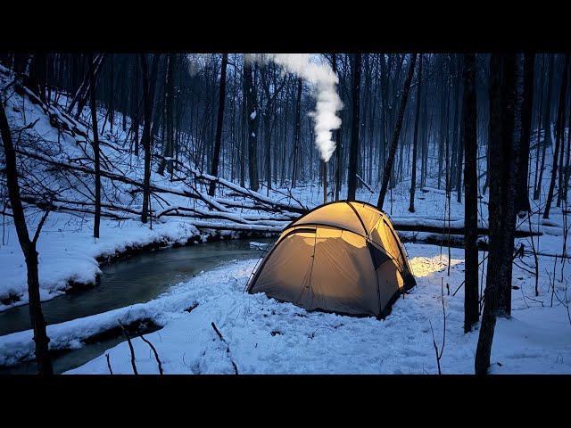 Hot Tent Camping in Freezing Rain |  Snowy Valley by a Stream