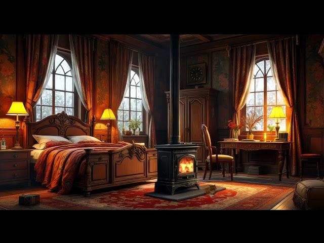 FIRE CRACKLING & WIND OUTSIDE WINDOW.THE ATMOSPHERE OF A COZY ROOM.