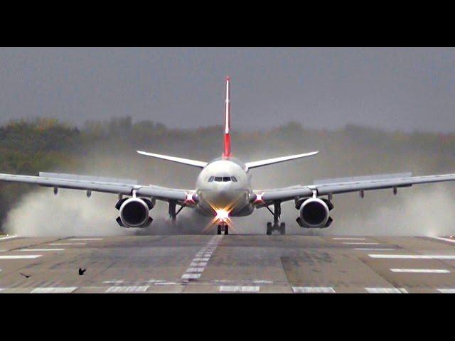 Turkish Airline A330 - Awesome reverse thrust after wet & windy landing in DUS at runway 23R