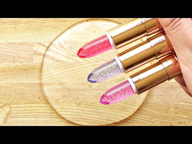 Satisfying Slime Coloring with Makeup! Mixing 3 Glitter Lipsticks into Clear Slime!