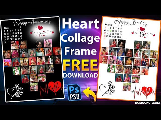 Free Heart Frame Photoshop Collage Template PSD | Heart-Shaped Photo Collage Frame in Black Or White