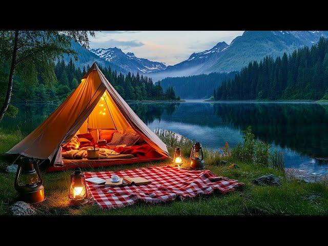 Cozy Campfire Retreat | Jazz Relaxing Music, Coffee, Lakeside Experience for Perfect Relaxation