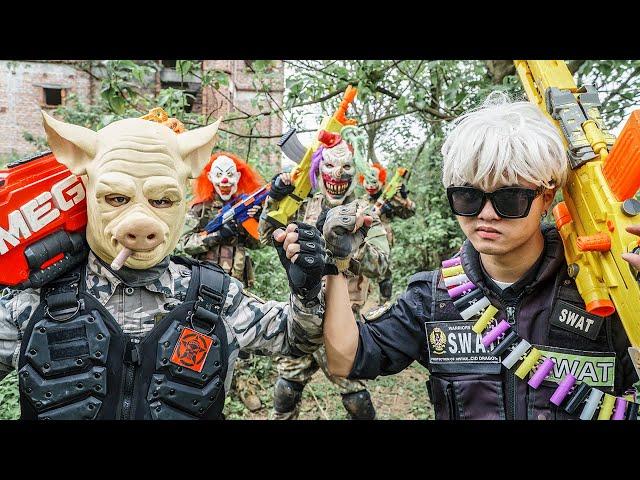 Banana Nerf War : Patrol Police Black Dragon Warriors Nerf Guns Fight PIG Mask Destroy Base