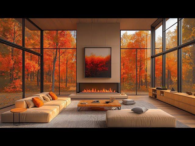 October Jazz Background With Crackling Fireplace Sounds - Soft Jazz In A Warm Autumn Living Room