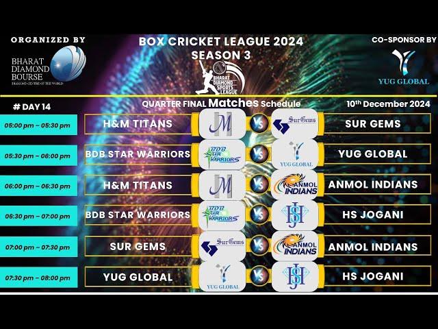 Bharat Diamond Sports League | Box Cricket League Season - 03 | 2024 | Day 14